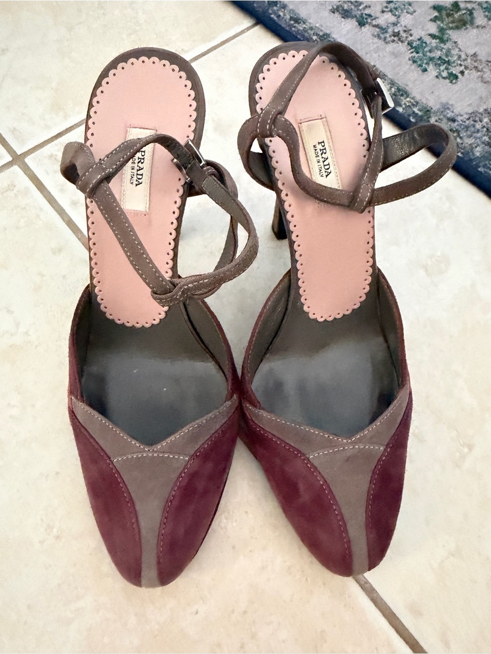Prada Two-Tone Burgundy and Taupe Suede Pointed Heels with Ankle Strap